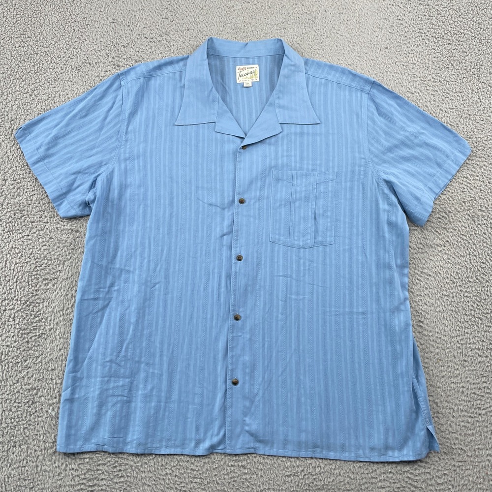 Tecovas Shirt Mens XXL Blue Short Sleeve Camp Collar Dobby Stripe Western Cotton